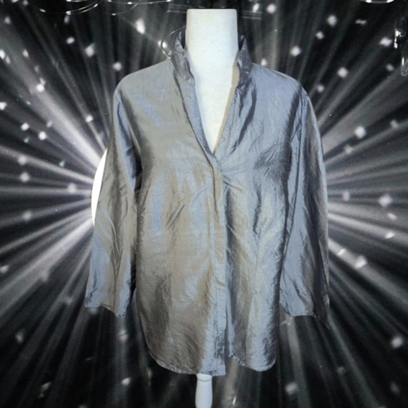 Silver Metallic  100% Silk V Neck Button Front Classic Lagenlook Blouse Sz XL - Picture 1 of 7